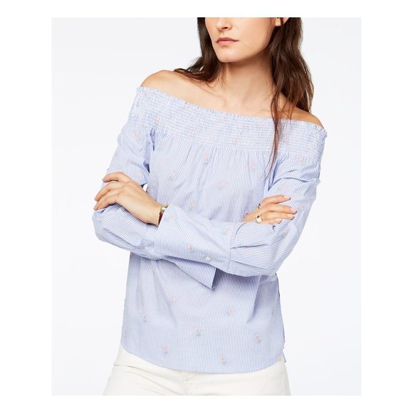 TOMMY HILFIGER Striped Embroidered Floral Off Shoulder Top - Size  XS - Picture 1 of 2